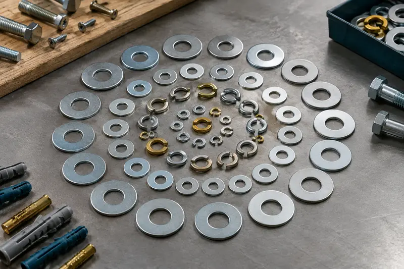 Rondelles plates et de sécurité de différents diamètres sur fond acier