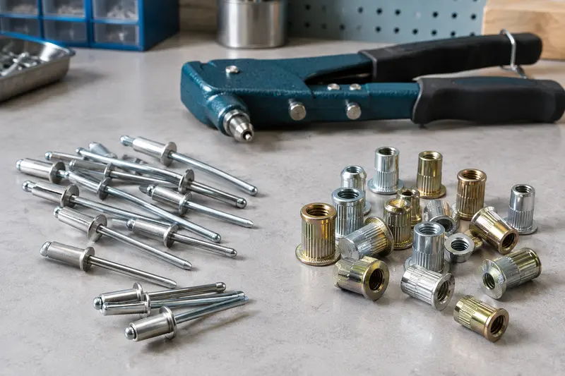 Rivets aveugles et écrous à sertir présentés avec une pince à riveter