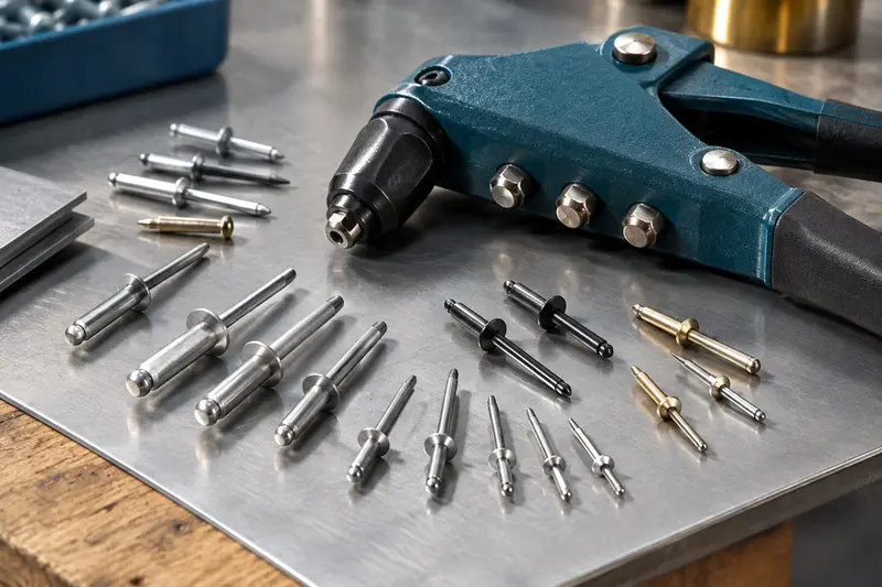 Rivets aveugles de plusieurs formats posés près d’une pince à riveter