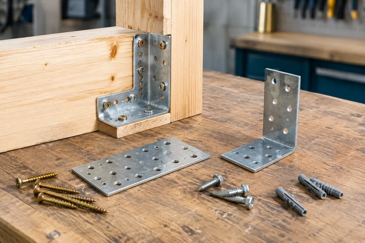 Plaque perforée et équerre métallique présentées près de pièces de bois à assembler