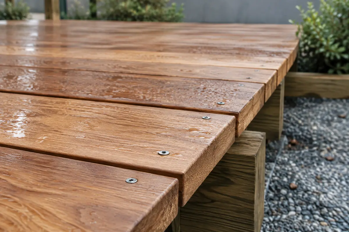 Gros plan sur des vis inox fixant des lames de terrasse en bois au-dessus des solives.