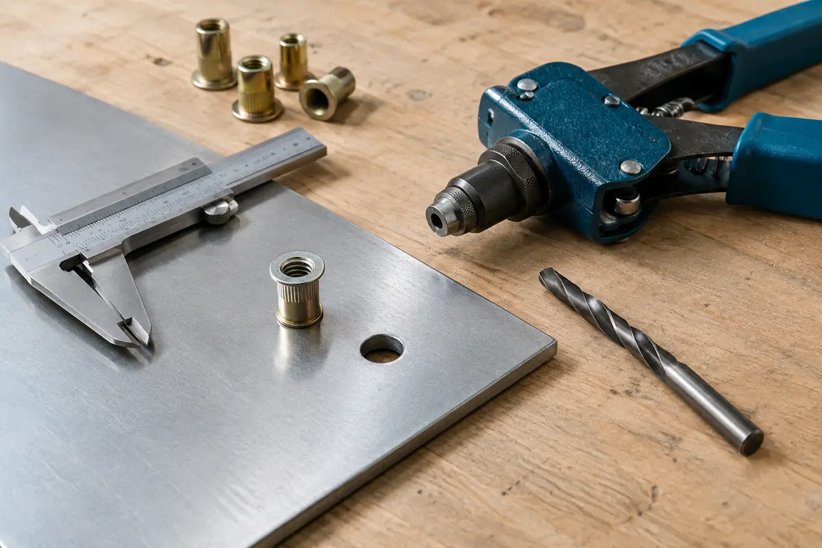 Tôle percée, écrou à sertir et outils de mesure réunis pour contrôler la compatibilité avant la pose.