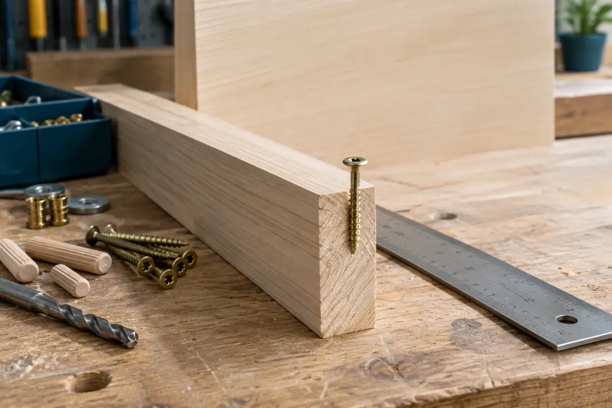 Assemblage de deux pièces en bois avec une vis et un réglet pour contrôler la profondeur