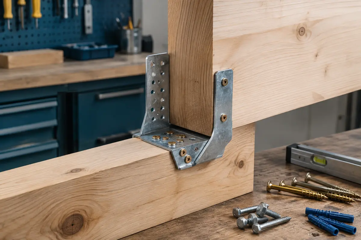 Sabot métallique galvanisé fixé à une solive en bois, avec ses trous et fixations visibles