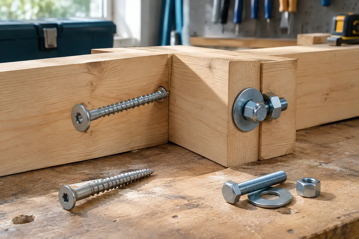 Assemblage de pièces de charpente en bois avec vis structurelle et boulon traversant visibles