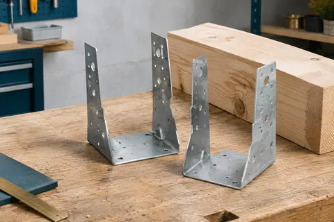 Deux sabots de charpente perforés en acier zingué à ailes extérieures, posés sur un établi en bois.