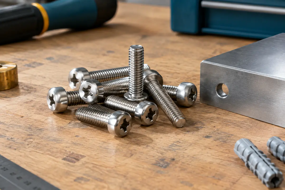 Lot de vis à métaux argentées à tête cylindrique et empreinte cruciforme posé sur un établi en bois.