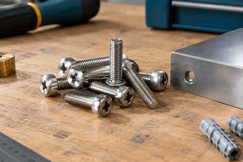Lot de vis à métaux argentées à tête cylindrique et empreinte cruciforme posé sur un établi en bois.