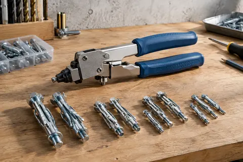 Pince bleue pour chevilles Molly entourée de chevilles métalliques galvanisées de plusieurs formats
