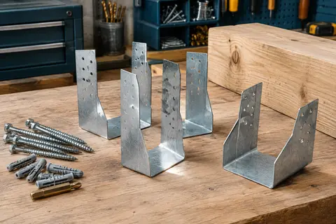 Sabots de charpente galvanisés à ailes extérieures présentés sur un établi en bois brut.