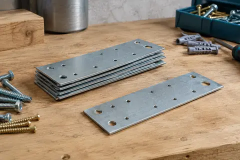 Platines d’assemblage plates en acier galvanisé gris présentées sur un établi en bois brut.