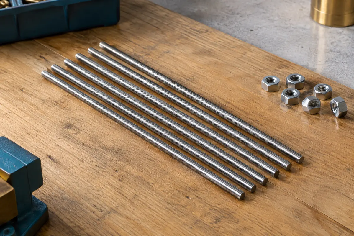Six tiges filetées argentées en acier inoxydable alignées sur un établi en bois brut