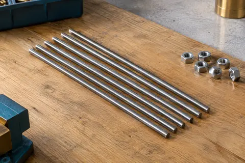 Six tiges filetées argentées en acier inoxydable alignées sur un établi en bois brut