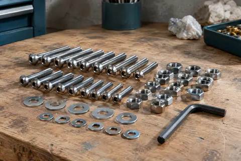 Vis argentées à tête ronde et six pans creux avec écrous, rondelles plates et clé sur un établi en bois