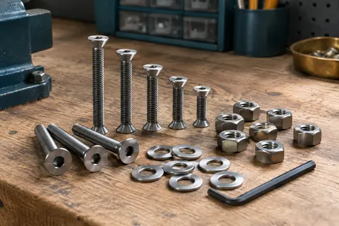 Vis M5 à tête fraisée, écrous, rondelles et clé hexagonale disposés sur un établi en bois