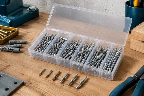Rivets aveugles en acier inoxydable rangés par formats dans une boîte transparente sur un établi.