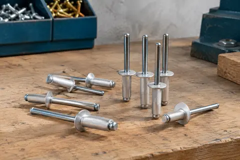 Rivets aveugles argentés à large bride en aluminium et mandrin en acier posés sur un établi en bois