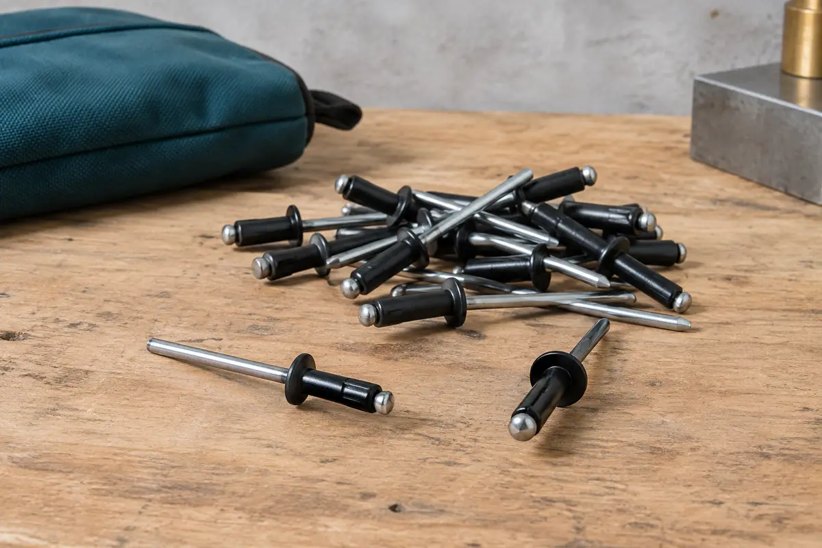 Rivets aveugles noirs en aluminium à mandrin acier disposés sur un établi en bois