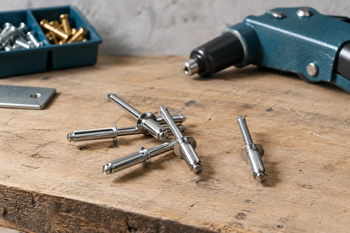 Rivets aveugles en acier inoxydable présentés sur un établi en bois, avec leurs mandrins visibles