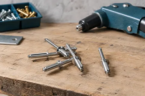 Rivets aveugles en acier inoxydable présentés sur un établi en bois, avec leurs mandrins visibles