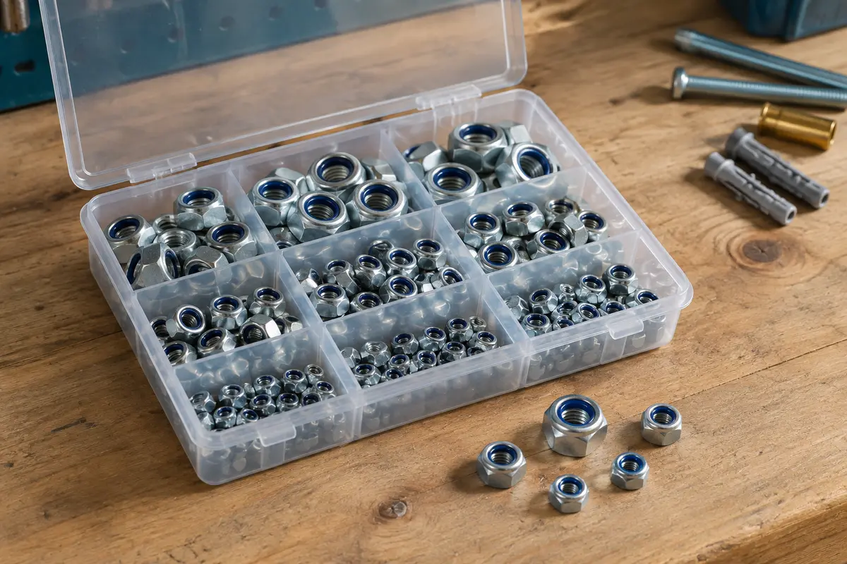 Écrous autobloquants hexagonaux de plusieurs tailles rangés dans une boîte transparente compartimentée