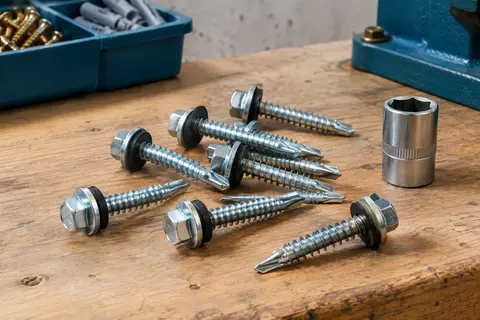 Vis autoperceuses argentées à tête hexagonale et rondelle EPDM posées sur un établi en bois