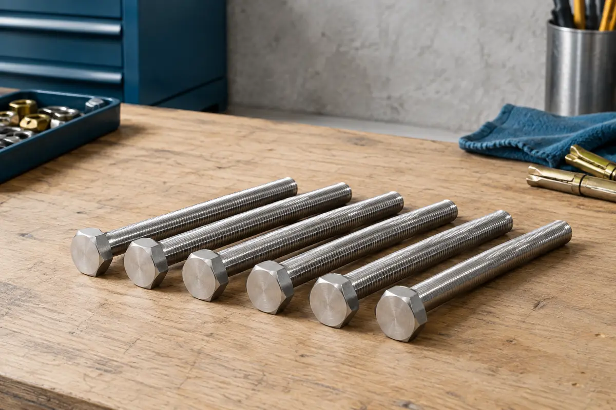 Boulons hexagonaux en acier inoxydable argenté, avec tiges entièrement filetées présentées sur un établi en bois.