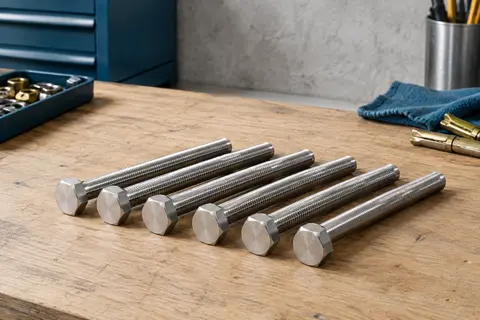 Boulons hexagonaux en acier inoxydable argenté, avec tiges entièrement filetées présentées sur un établi en bois.