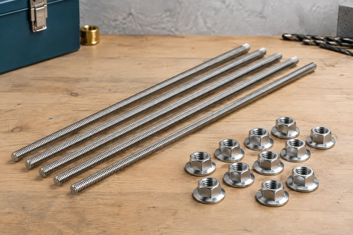 Cinq tiges filetées en inox argenté avec dix écrous à embase présentés sur un établi en bois