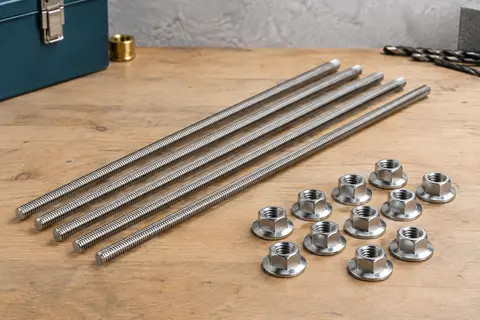 Cinq tiges filetées en inox argenté avec dix écrous à embase présentés sur un établi en bois
