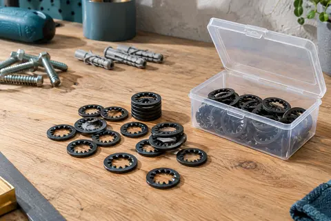 Rondelles de blocage noires à dents internes rangées dans un coffret transparent sur un établi