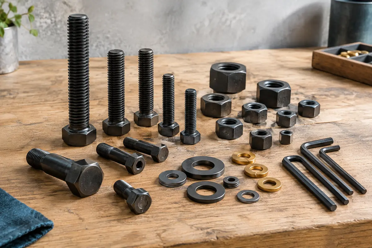 Assortiment de vis métriques noires avec écrous, rondelles et clés hexagonales sur un établi en bois