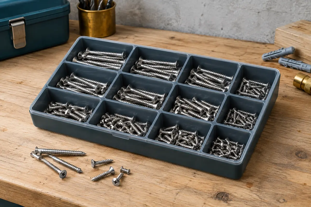 Assortiment de vis autotaraudeuses en inox à tête fraisée cruciforme, triées dans une boîte compartimentée