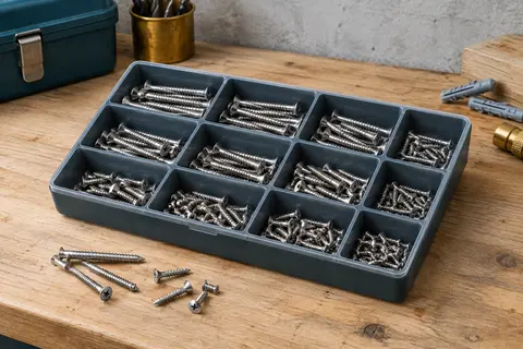 Assortiment de vis autotaraudeuses en inox à tête fraisée cruciforme, triées dans une boîte compartimentée