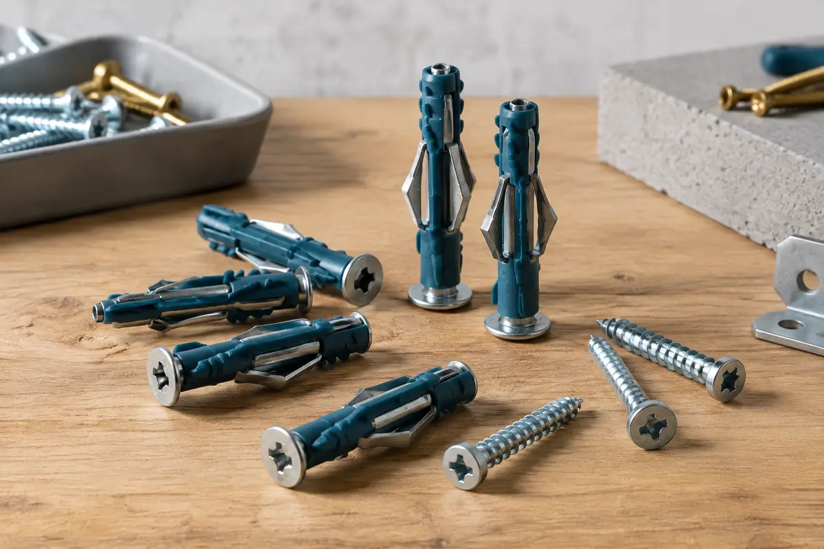 Chevilles Fischer DuoHM bi-matière avec vis à empreinte PZ posées sur un établi en bois