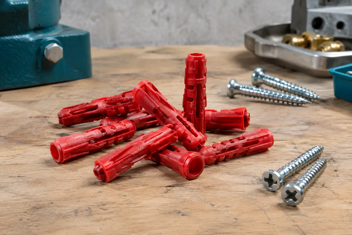 Chevilles universelles DuoPower rouges en polyamide disposées sur un établi en bois clair.