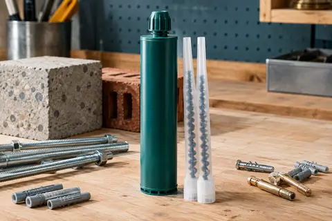 Cartouche verte de résine d’injection avec deux embouts, posée sur un établi près de tiges métalliques et d’échantillons de béton