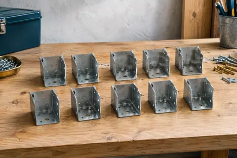 Lot de dix sabots de charpente argentés à ailes intérieures, avec leurs trous visibles sur un établi en bois