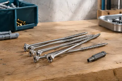 Vis de terrasse en inox A2 à tête fraisée réduite et embout Torx 25 sur un établi en bois.