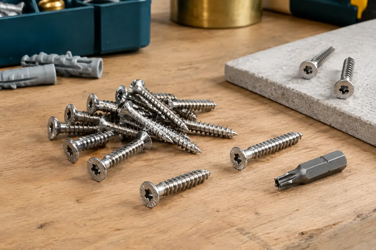 Vis de terrasse inox à tête fraisée crantée et embout Torx présentés sur un établi en bois.