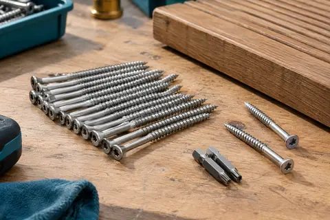 Vis de terrasse inox A2 à tête fraisée réduite et empreinte Torx 25, posées sur un établi en bois