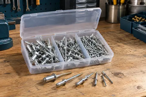Assortiment de rivets aveugles en aluminium de plusieurs longueurs dans une boîte compartimentée ouverte.