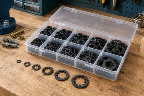 Rondelles de blocage noires de plusieurs diamètres rangées dans une boîte compartimentée sur un établi.