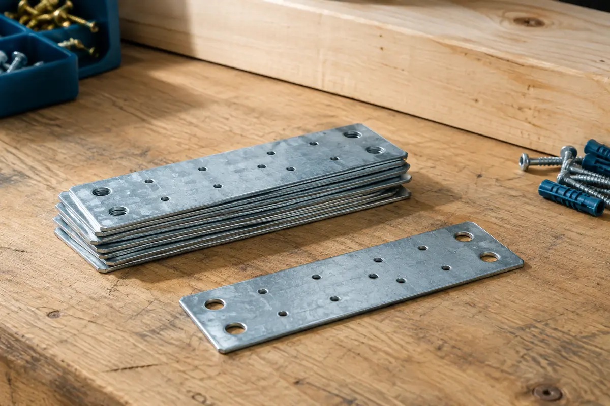 Plaques perforées galvanisées Helpmate posées sur un établi en bois brut, avec leurs trous prépercés visibles