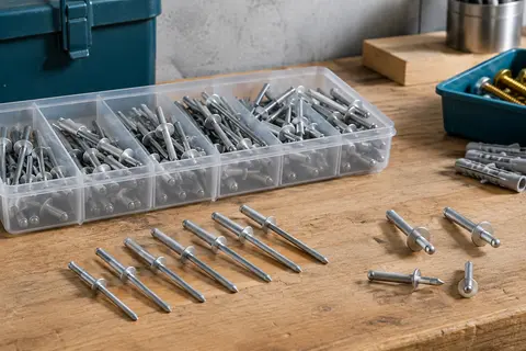 Rivets aveugles en aluminium argenté à grande bride, disposés sur un établi en bois.