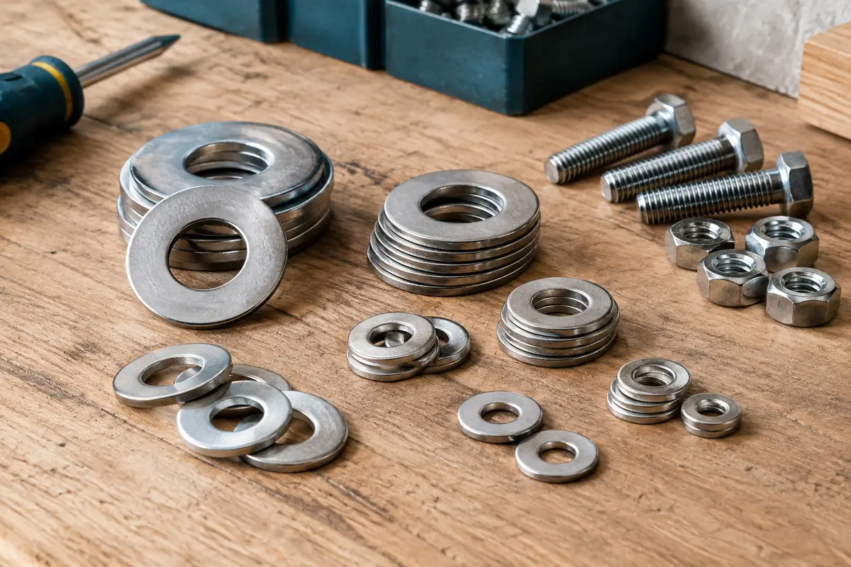 Rondelles plates argentées en acier inoxydable de plusieurs formats posées sur un établi en bois