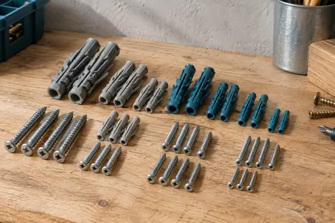 Assortiment de chevilles en plastique et de vis en acier au carbone triées par dimensions sur un établi en bois