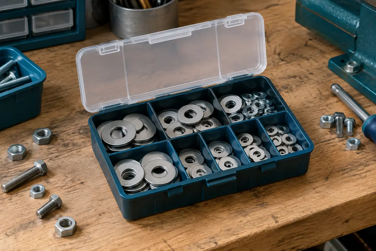 Assortiment de rondelles plates argentées en acier inoxydable rangées dans une boîte sur un établi en bois