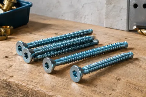 Vis d’ajustement bleu zingué à tête fraisée, pointe coupée et filetage pour assemblage de bois