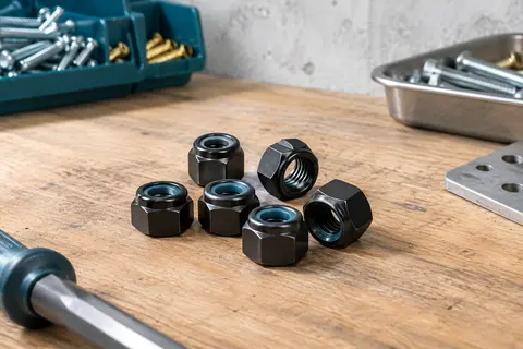 Lot d’écrous hexagonaux noirs en inox avec bagues nylon, posé sur un établi en bois clair.